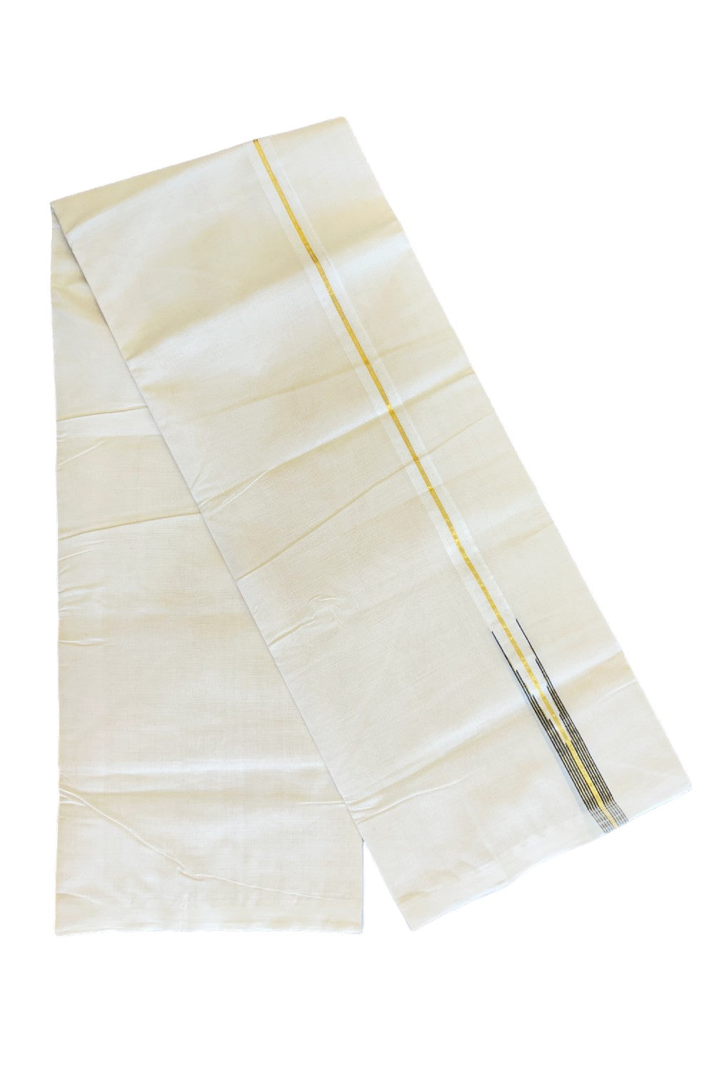 15% DISCOUNT!! KaithariKada HANDLOOM Millpaav Balaramapuram - 100% PURE Cotton OFF White Double Mundu/Dothi - 2 cm puliyilakkara Kasavu & Black striped chutty - 21KK476RAM