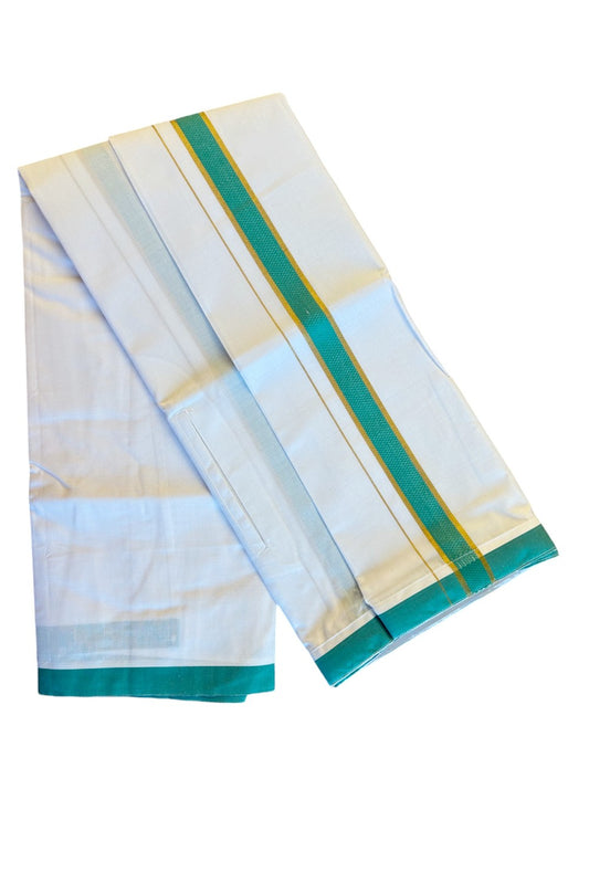 KaithariKada Balaramapuram COTTON SINGLE PURE WHITE VELCRO Mundu/Dhoti - 1.75inch Green & Kasavu kara - 21KK485SRI