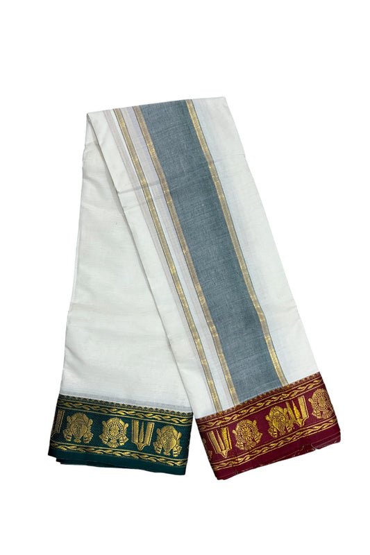 36% DISCOUNT! KaithariKada Cotton Mix Off White - (Unbleached) 80x80 thread -80 % Cotton & 20% Polyester- NORTH INDIAN - ATTACHED GAMCHA 9X5 Dhoti 5 inch Green kara with Maroon Kasavu border  - 21KK5005PMC