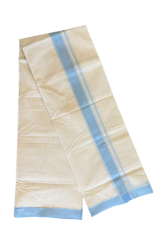 10% DISCOUNT! KaithariKada Balaramapuram 100% Cotton Double Off white Mundu/Dhoti-100X100- 2 inch Blue  Kara- 21KK500KK