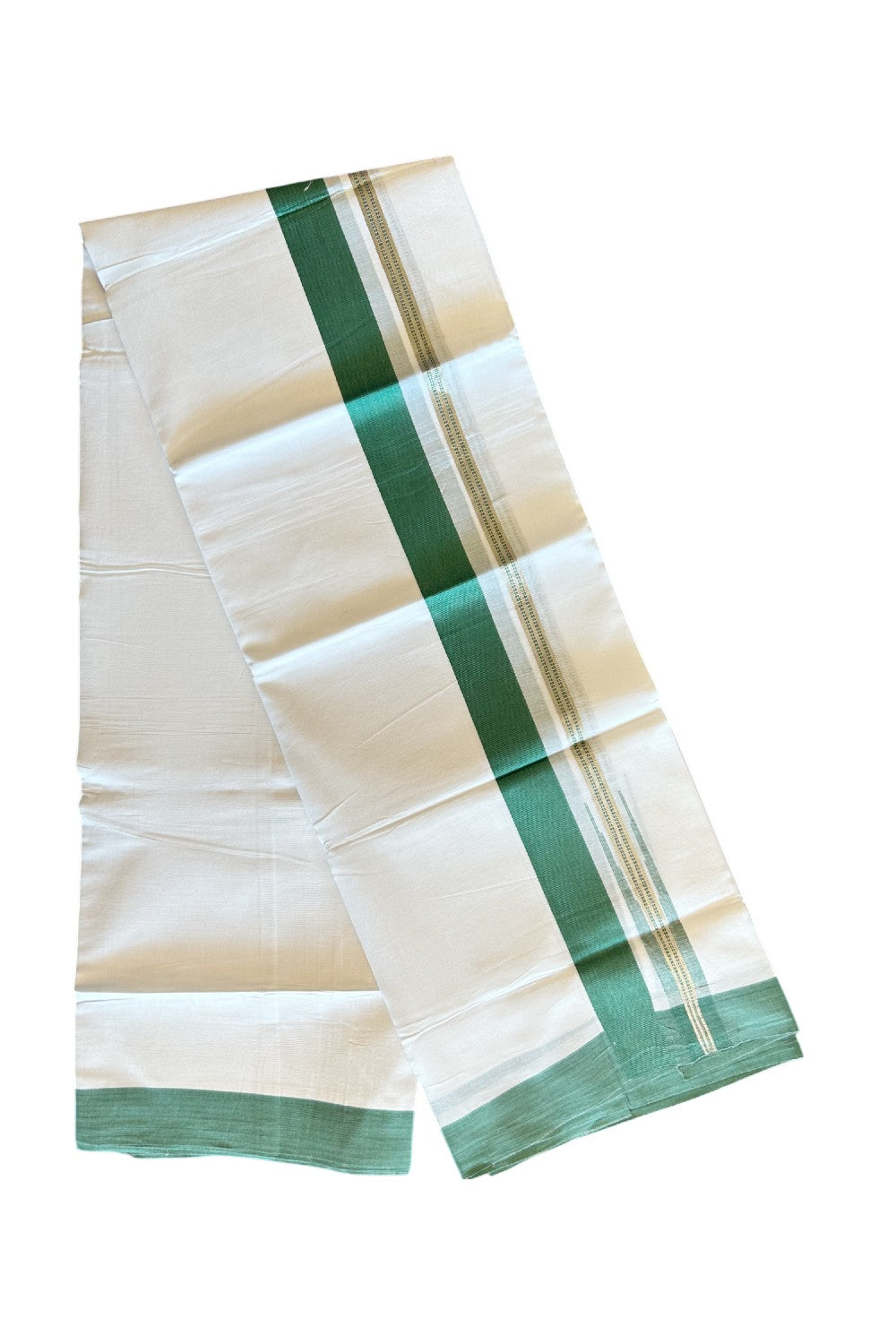 Kaitharikada  Balaramapuram 100% Pure Cotton PURE WHITE Double Mundu/Dothi - 80x92 - 1.5 Inch Green & Silver Chutty kara - 21KK5022VAN