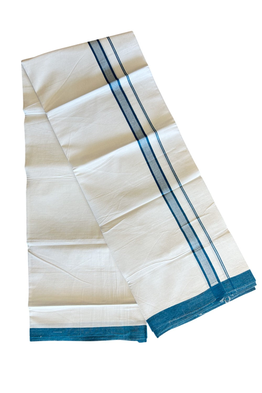 8% Discount ! Kaitharikada Balaramapuram 100% Cotton PURE WHITE SINGLE Mundu/Dothi- 1.75 inch Peacock Blue Kara - 21KK5032GAN