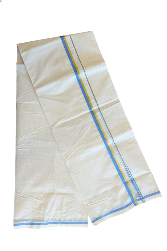 10% Discount KaithariKada Balaramapuram 100% Cotton Off White Double - (Unbleached) - Mundu/Dhoti-100x100 1.5cm  Chutty Kasavu & Blue - 64