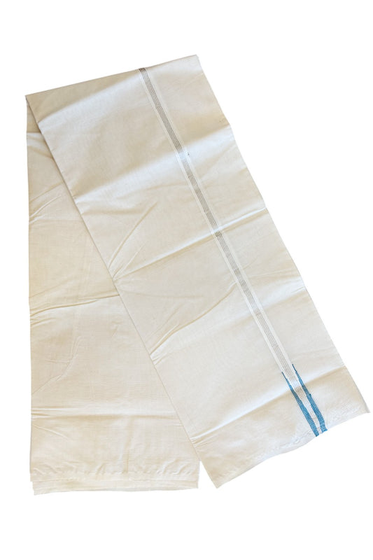 19% Discount KaithariKada Balaramapuram 100% Cotton Off White Double -(Unbleached) Mundu/Dhoti - 100x100 - 2 cm Puliyilakkara Chutty Silver Kasavu & Peacock Blue Kara - 5