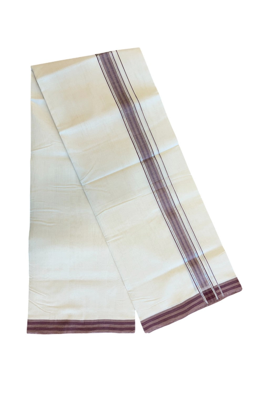 19% Discount!!! KaithariKada HANDLOOM UNAKKUPAAV Balaramapuram - 100% PURE Cotton off white Double - (Unbleached) Mundu/Dhoti - 2 inch Silver kasavu Brown striped kara - 20KK5049REA