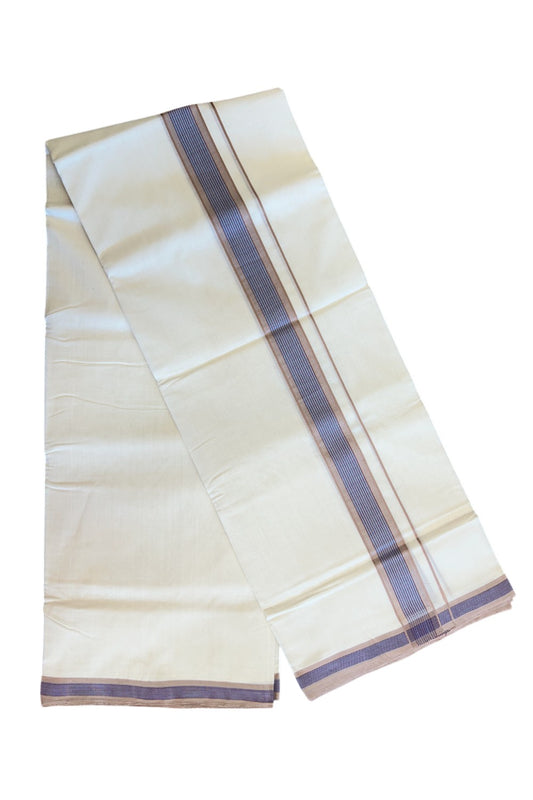 21% Discount KaithariKada HANDLOOM Unakkupaav Balaramapuram - 100% PURE Cotton Off White (Unbleached) - 100x100 Double Mundu/Dhoti -  2.25 inch Brown + Violet & Blue Stripes Kara-98