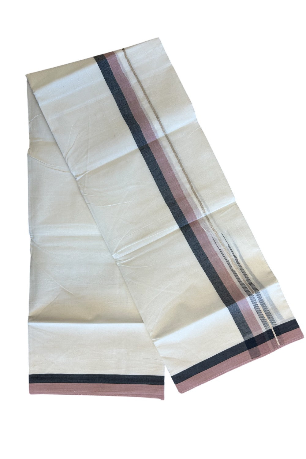 19% Discount!!! KaithariKada Balaramapuram  Double Off white - (Unbleached) Mundu/Dhoti - 80X90 - 1.5 inch Black & Dusty Rose Silver Chutty Kara 3.85 meters - 21KK5058GUN