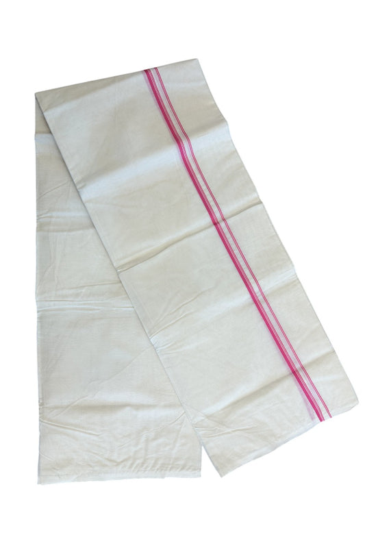 10% DISCOUNT ! KaithariKada Balaramapuram 100% Cotton Double Off white (Unbleached) Mundu/Dhoti-100X100-  DARK PINK  & STRIPES 1.cm  Kara.- 15/1123ASH011.1