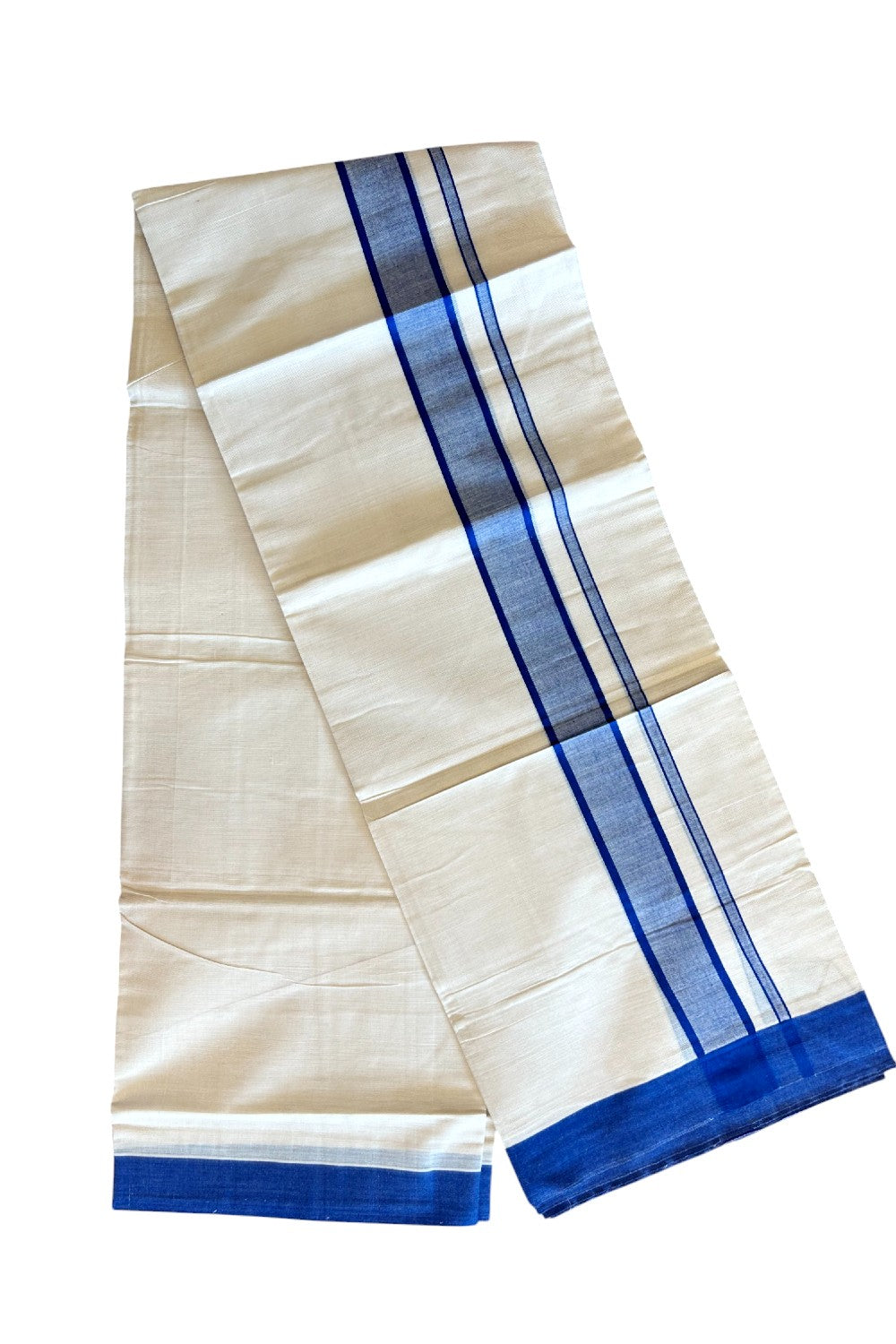 10% DISCOUNT ! KaithariKada Balaramapuram 100%  Cotton Double Off white - (Unbleached) Mundu/Dhoti - 100X100 - 2.25 inch NAVY BLUE Kara - 21KK5063KK