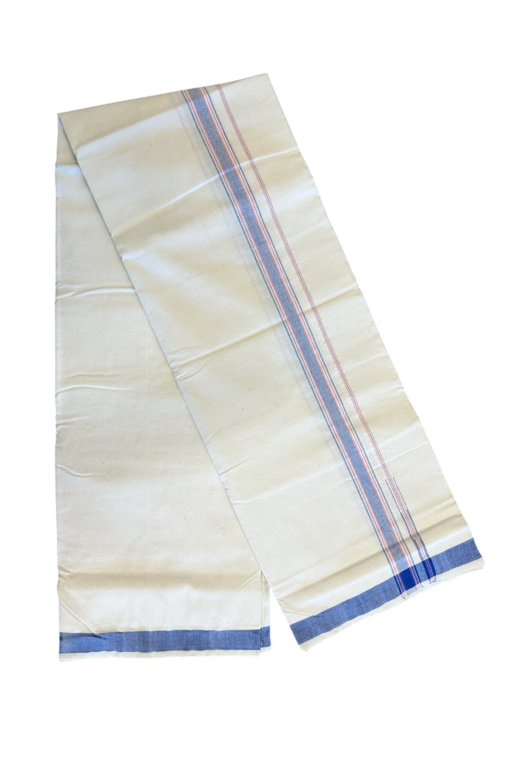 32% Discount ! KaithariKada 100% Cotton Balaramapuram HANDLOOM Single Mundu/Dhoti - Off White (Unbleached) 1.Inch (2 meter / 4 muzham) Blue & Red Stripes Kasavu Puliyilakkara Chutty.