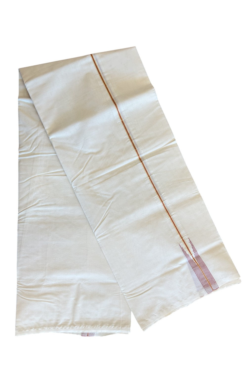 21% DISCOUNT!! KaithariKada Balaramapuram 100% Cotton Off white (Unbleached) Double  Mundu/Dhoti-100x100  Kasavu Red Chutty & stripes - 5KK67RAM