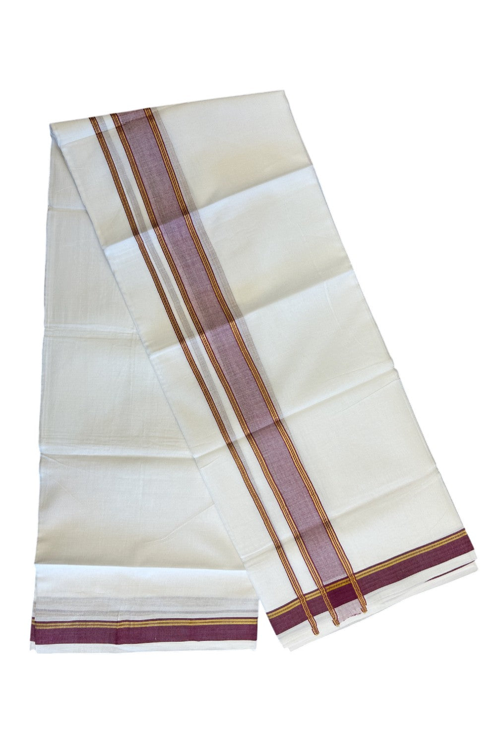 15% Discount! KaithariKada HANDLOOM Kuthampully 100% Cotton PURE WHITE Double Mundu/Dhoti-100x100 2.75inch Vine Purple & Kasavu Kara- Onam Collection-45