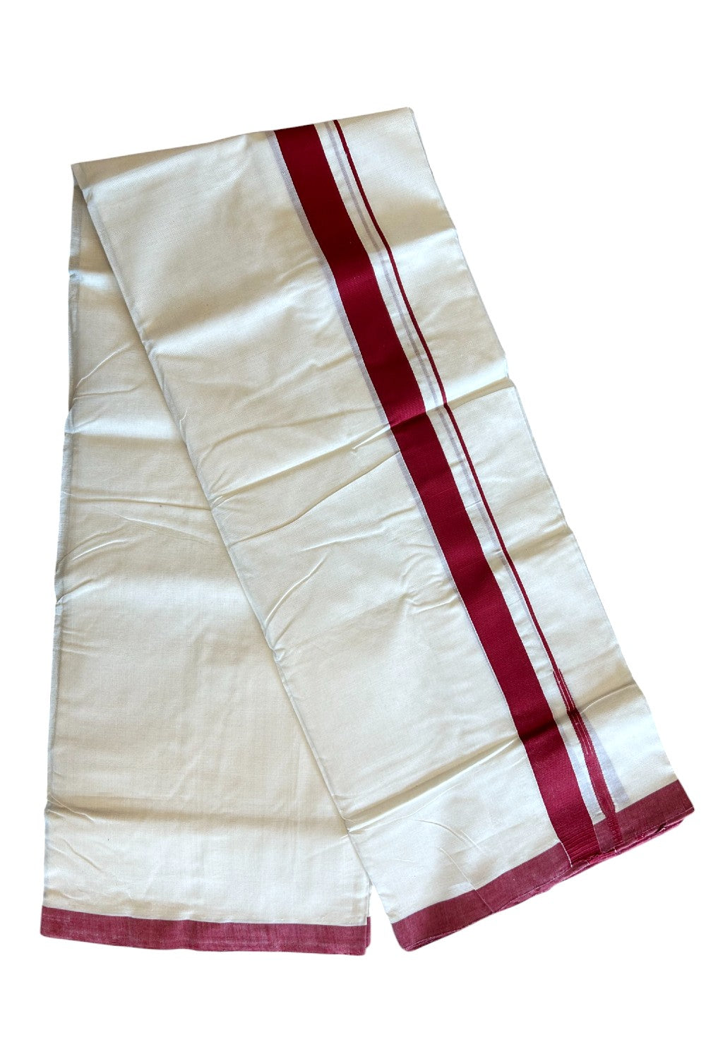 21% DISCOUNT!! KaithariKada HANDLOOM Unakkupaavu Balaramapuram - 100% PURE Cotton OFF White (Unbleached) Double Mundu/Dothi - 1.25 inch puliyilakkara Maroon Red chutty- 18KK400ASH