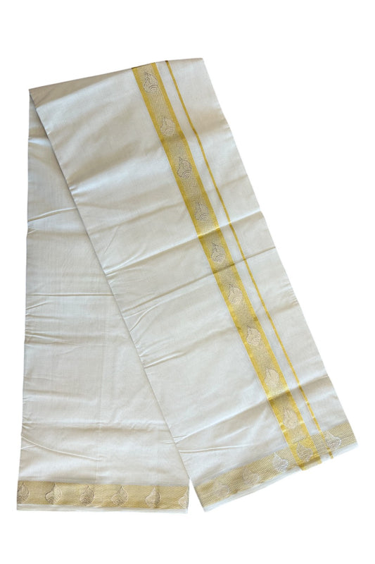 30% DISCOUNT ! KaithariKada HANDLOOM Unakkupaav Balaramapuram - 100% PURE Cotton Off White - (Unbleached) Double Mundu/Dhoti - 2.25 inch Gold Kasavu & Silver Shaded Design Kara - 21KK5105RAM