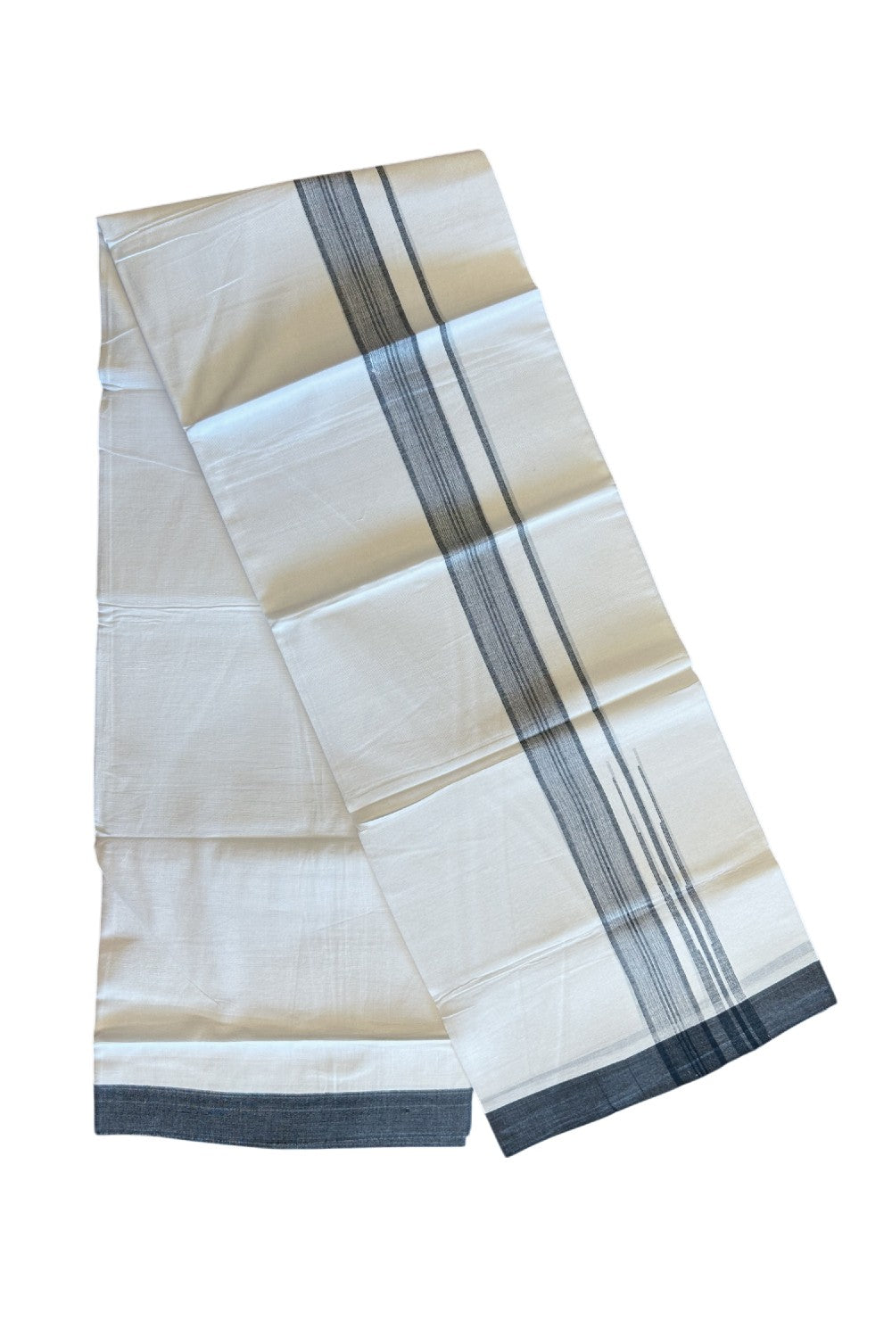 25% DISCOUNT!!! KaithariKada Balaramapuram 100% Cotton Double PURE white Mundu/Dhoti - 80X80 - 1.5 Inch Black & White shaded centre stripes Chutty kara - 21KK5108GAN