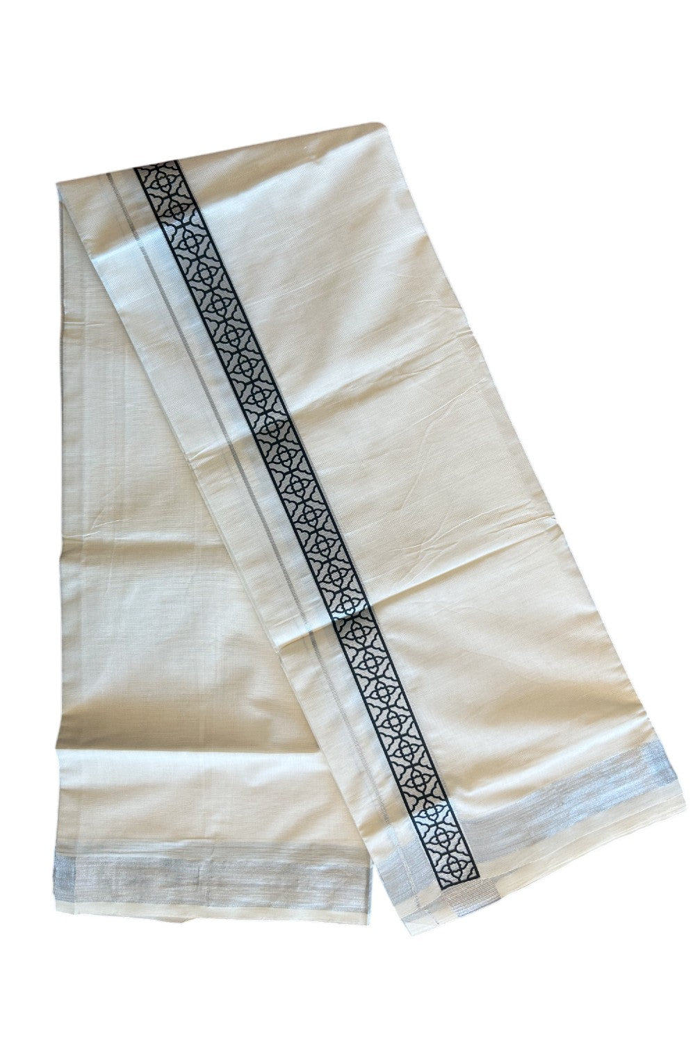 20% DISCOUNT ! KaithariKada Balaramapuram Mixed Cotton Double off white (Unbleached) Mundu/Dhoti - 80x80 thread- 2 inch Silver kasavu & Black design kara - 21KK5113PMC