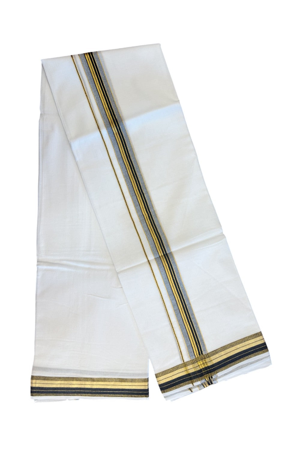 16% DISCOUNT! KaithariKada Balaramapuram 100% Mercerised Cotton Double PURE white Mundu/Dhoti - 100x100  1.25 inch Black & Kasavu stripes Kara - 21KK5135GAN