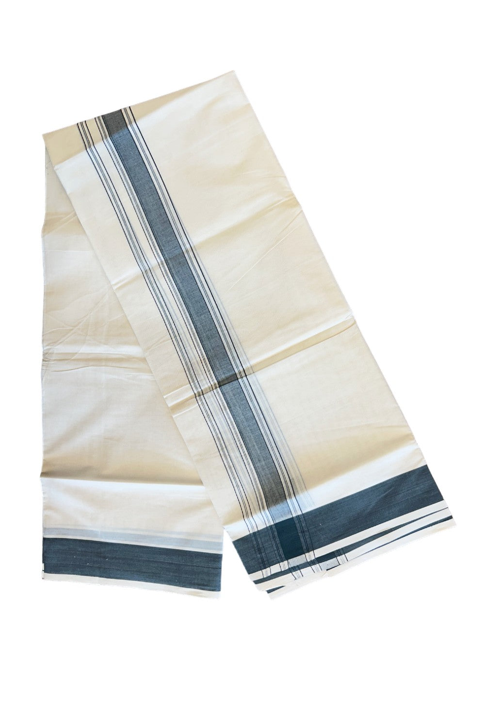 10% DISCOUNT! KaithariKada Balaramapuram 100% Cotton Double Off white (Unbleached) Mundu/Dhoti-100x100 Dark gray Stripes Kara - 21KK78PMC