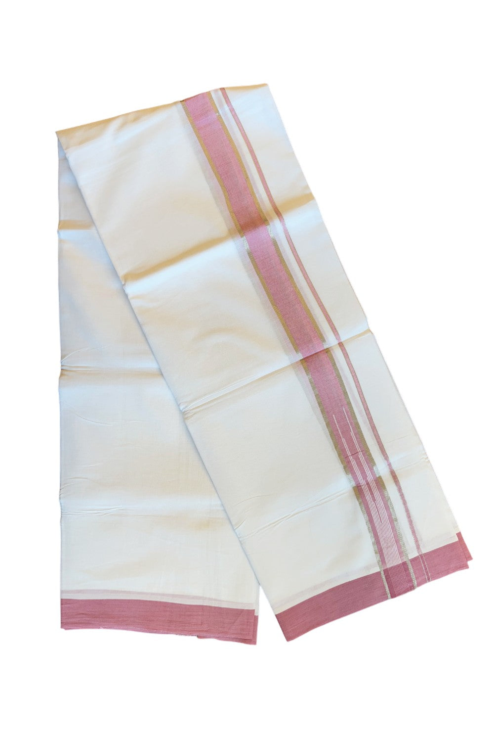 21% DISCOUNT!! Kaitharikada Balaramapuram 100% Cotton PURE WHITE Double Mundu/Dothi-100x92 Puliyilakkara CHUTTY  2 Inch SILVER & PINK WHITE STRIPED Cotton Kara - 21KK84CEE