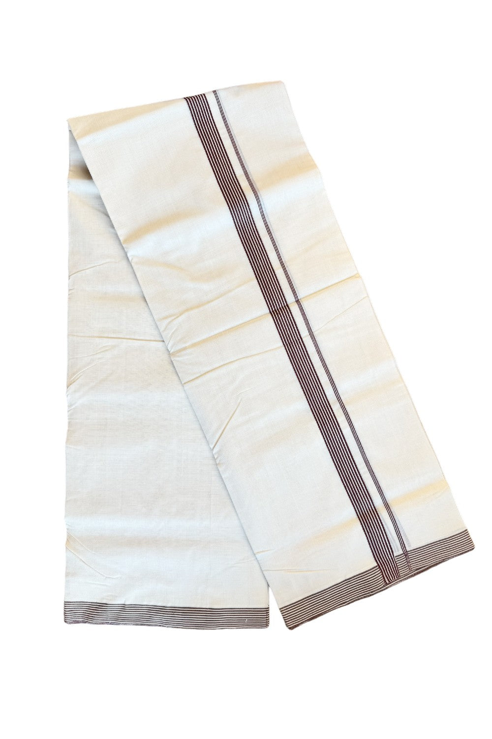 15% DISCOUNT!! KaithariKada HANDLOOM Unakkupaavu Balaramapuram - 100% PURE Cotton OFF White (Unbleached) Double Mundu/Dothi -  MAROON Striped 1 inch Kara- KK46SOM-21.