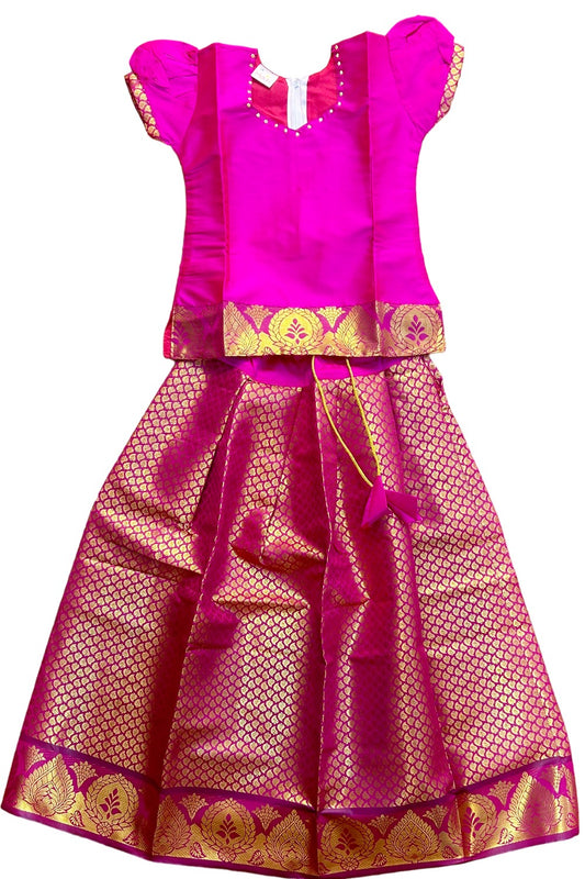 Midukki-Traditional South Indian Kids Pattu Pavada- Magenta top magenta brocade skirt - Age 8 - KK8MID0021