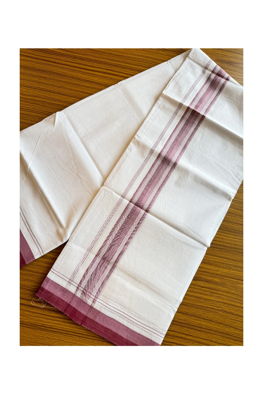 19% DISCOUNT!!! KaithariKada Balaramapuram 100% Cotton PURE white Double Mundu/Dhoti-100x100   2.5 Inch Maroon & Pink shades with striped kara  - 21KK206VIN