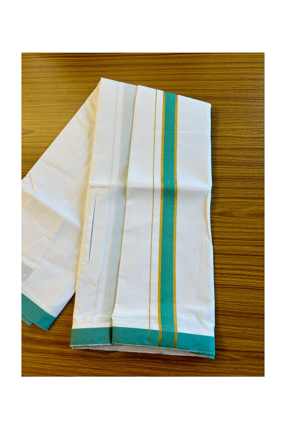 KaithariKada Balaramapuram COTTON SINGLE PURE WHITE VELCRO Mundu/Dhoti - 1.75inch Green & Kasavu kara - 21KK485SRI