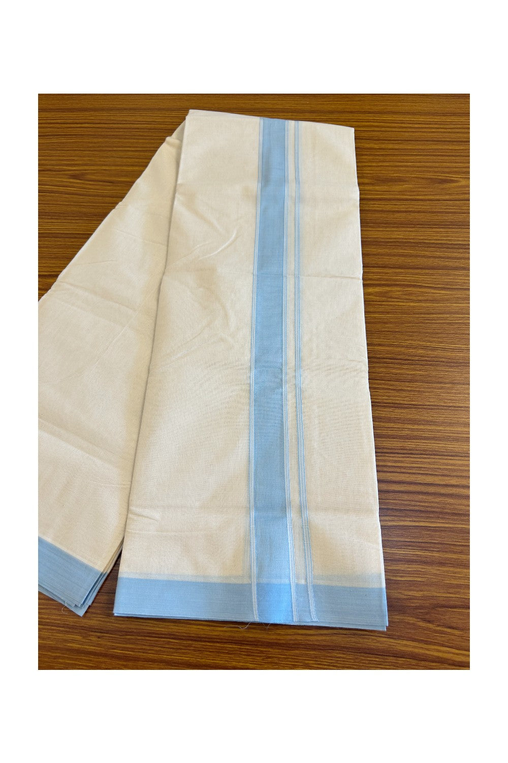 10% DISCOUNT! KaithariKada Balaramapuram 100% Cotton Double Off white Mundu/Dhoti-100X100- 2 inch Blue  Kara- 21KK500KK