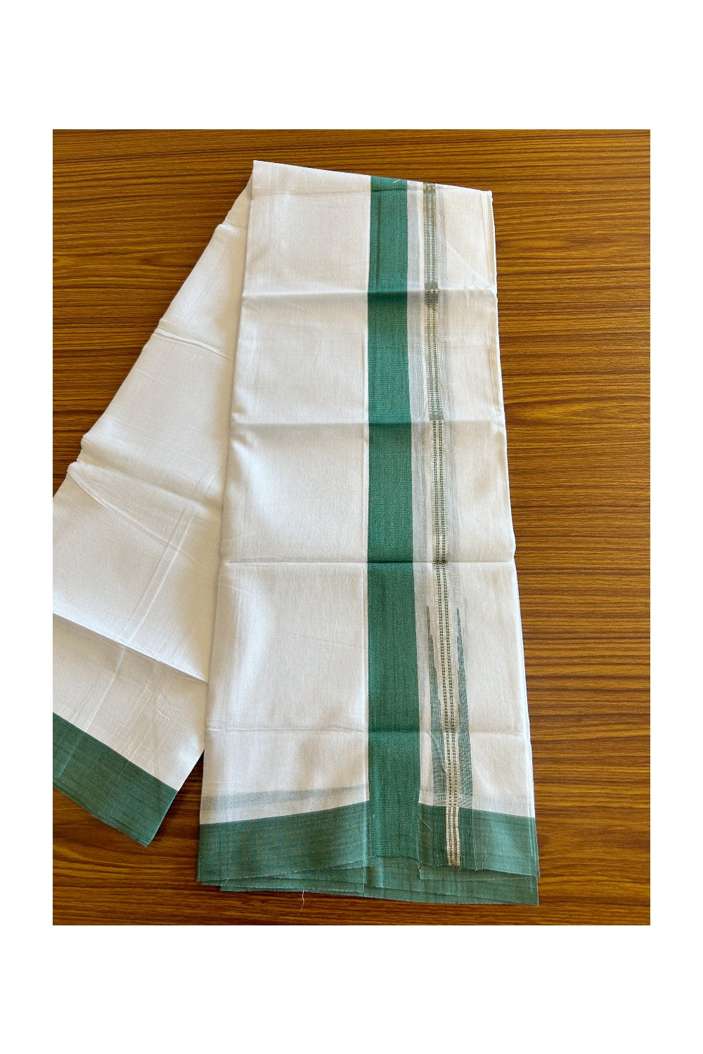 Kaitharikada  Balaramapuram 100% Pure Cotton PURE WHITE Double Mundu/Dothi - 80x92 - 1.5 Inch Green & Silver Chutty kara - 21KK5022VAN