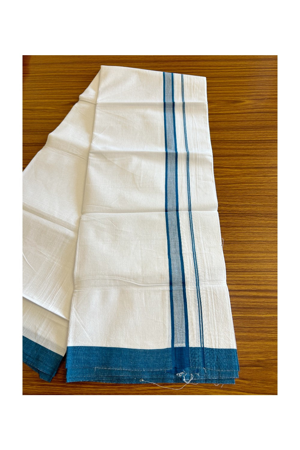 8% Discount ! Kaitharikada Balaramapuram 100% Cotton PURE WHITE SINGLE Mundu/Dothi- 1.75 inch Peacock Blue Kara - 21KK5032GAN