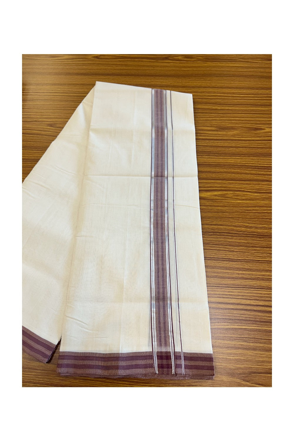 19% Discount!!! KaithariKada HANDLOOM UNAKKUPAAV Balaramapuram - 100% PURE Cotton off white Double - (Unbleached) Mundu/Dhoti - 2 inch Silver kasavu Brown striped kara - 20KK5049REA