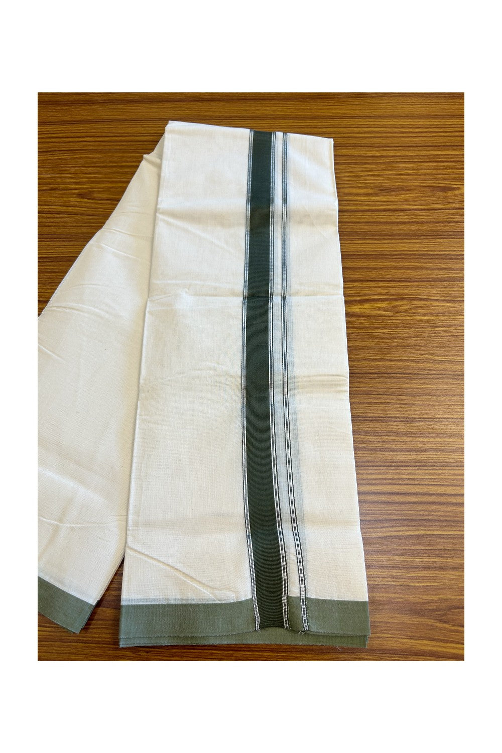 20%Discount KaithariKada Balaramapuram 100% Cotton Double Off white - (Unbleached) - Mundu/Dhoti-100x80 - 2 inch Silver Kasavu & Dark Green Kara 3.75 mtr - 111