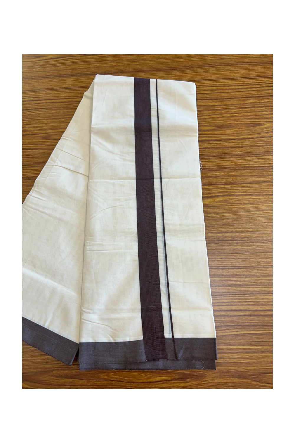 10% Discount KaithariKada Balaramapuram 100% Cotton Double Off white - (Unbleached) - Mundu/Dhoti- 100x100 - 2.25 inch Chocolate Brown Kara - 8