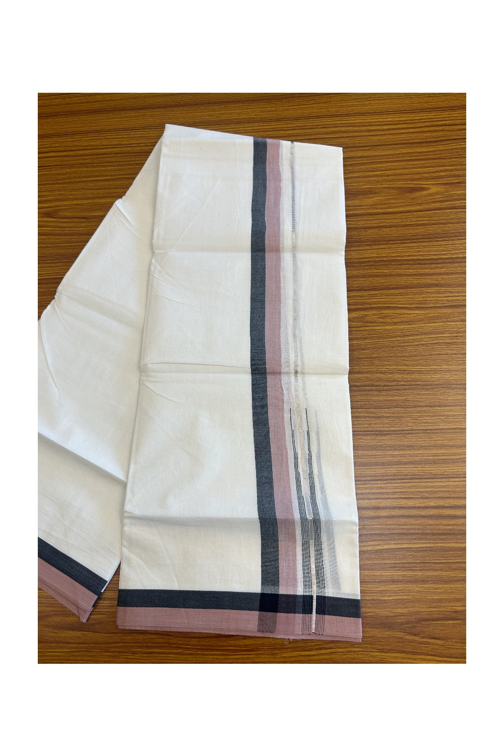 19% Discount!!! KaithariKada Balaramapuram  Double Off white - (Unbleached) Mundu/Dhoti - 80X90 - 1.5 inch Black & Dusty Rose Silver Chutty Kara 3.85 meters - 21KK5058GUN