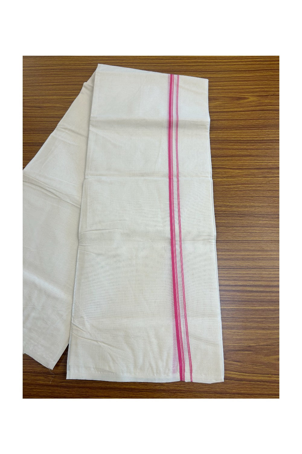 10% DISCOUNT ! KaithariKada Balaramapuram 100% Cotton Double Off white (Unbleached) Mundu/Dhoti-100X100-  DARK PINK  & STRIPES 1.cm  Kara.- 15/1123ASH011.1