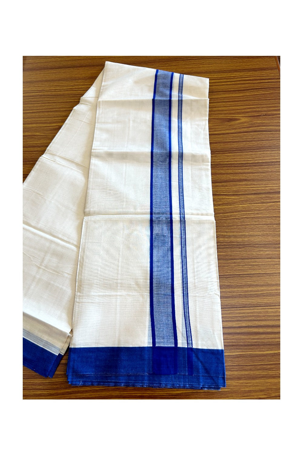 10% DISCOUNT ! KaithariKada Balaramapuram 100%  Cotton Double Off white - (Unbleached) Mundu/Dhoti - 100X100 - 2.25 inch NAVY BLUE Kara - 21KK5063KK