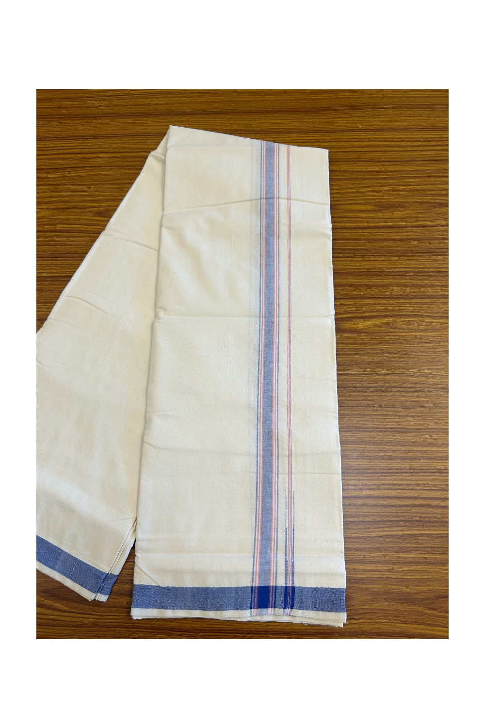 32% Discount ! KaithariKada 100% Cotton Balaramapuram HANDLOOM Single Mundu/Dhoti - Off White (Unbleached) 1.Inch (2 meter / 4 muzham) Blue & Red Stripes Kasavu Puliyilakkara Chutty.