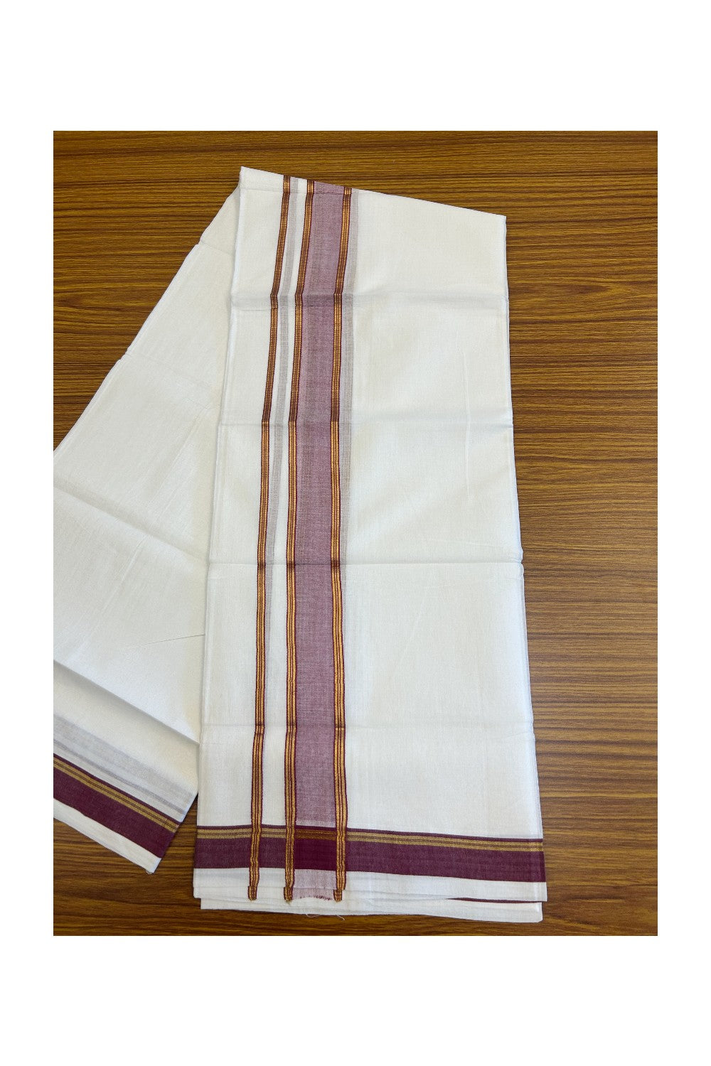 15% Discount! KaithariKada HANDLOOM Kuthampully 100% Cotton PURE WHITE Double Mundu/Dhoti-100x100 2.75inch Vine Purple & Kasavu Kara- Onam Collection-45