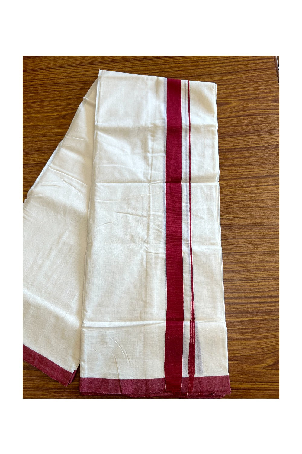 21% DISCOUNT!! KaithariKada HANDLOOM Unakkupaavu Balaramapuram - 100% PURE Cotton OFF White (Unbleached) Double Mundu/Dothi - 1.25 inch puliyilakkara Maroon Red chutty- 18KK400ASH