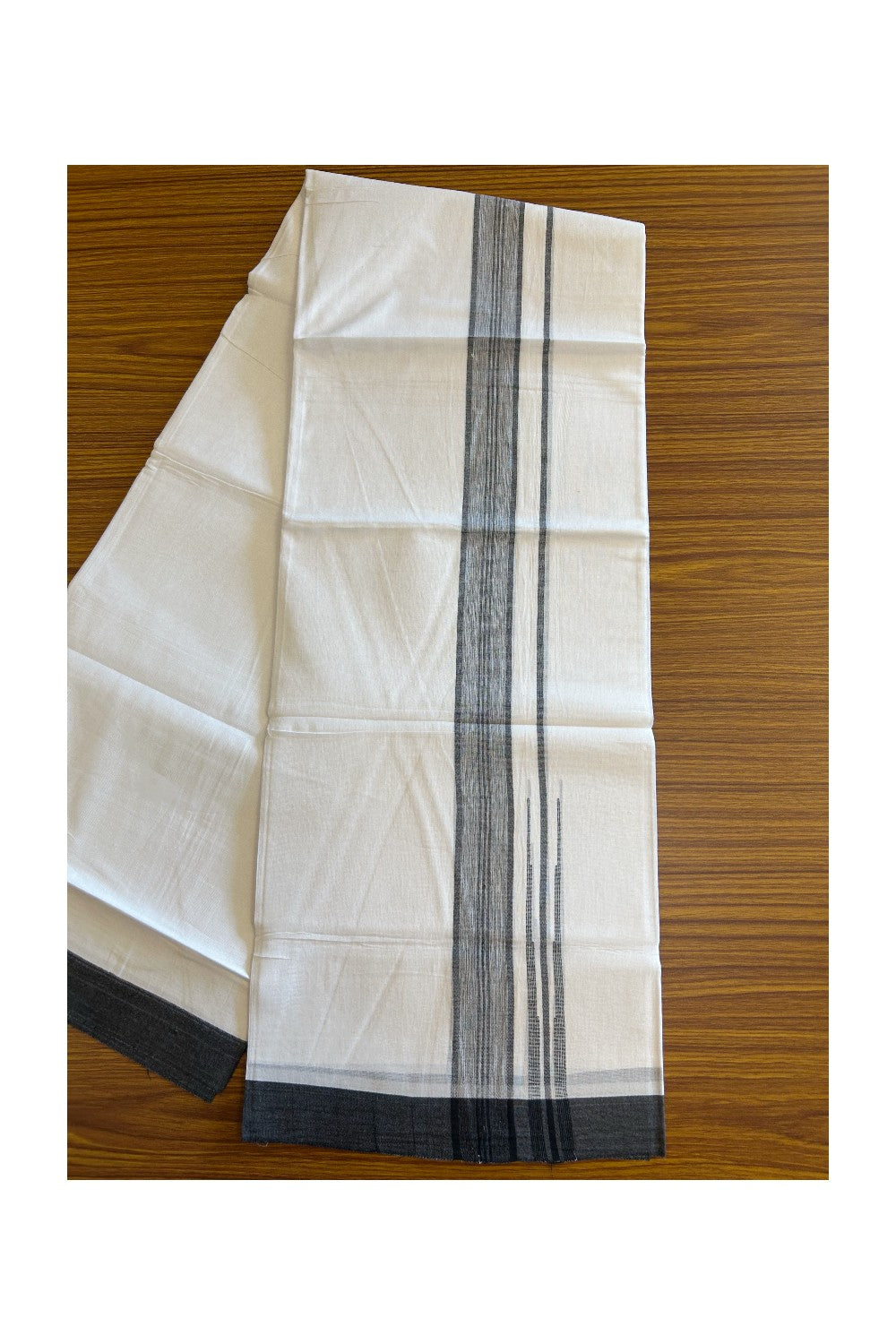 25% DISCOUNT!!! KaithariKada Balaramapuram 100% Cotton Double PURE white Mundu/Dhoti - 80X80 - 1.5 Inch Black & White shaded centre stripes Chutty kara - 21KK5108GAN