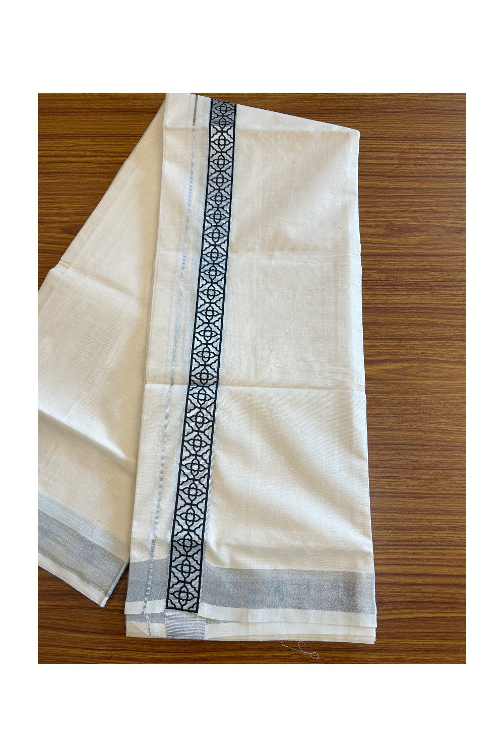 20% DISCOUNT ! KaithariKada Balaramapuram Mixed Cotton Double off white (Unbleached) Mundu/Dhoti - 80x80 thread- 2 inch Silver kasavu & Black design kara - 21KK5113PMC