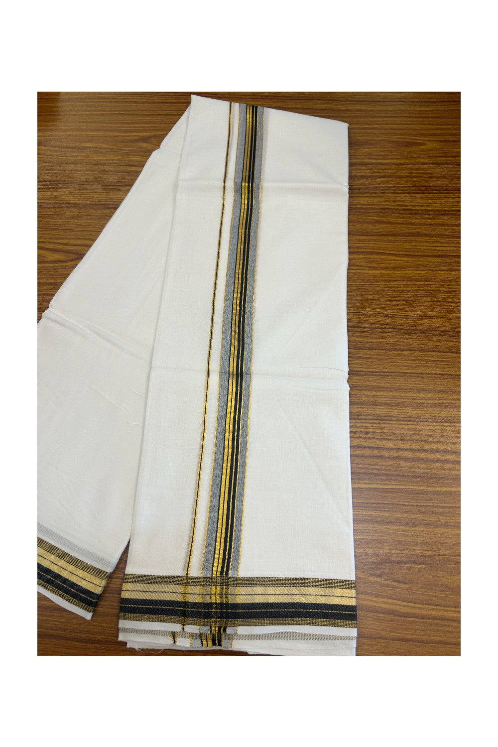 16% DISCOUNT! KaithariKada Balaramapuram 100% Mercerised Cotton Double PURE white Mundu/Dhoti - 100x100  1.25 inch Black & Kasavu stripes Kara - 21KK5135GAN