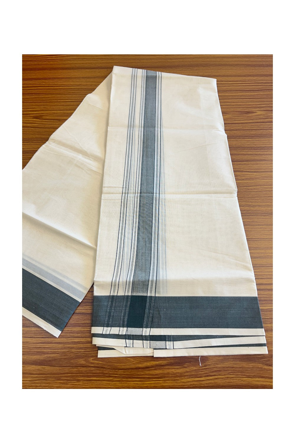 10% DISCOUNT! KaithariKada Balaramapuram 100% Cotton Double Off white (Unbleached) Mundu/Dhoti-100x100 Dark gray Stripes Kara - 21KK78PMC