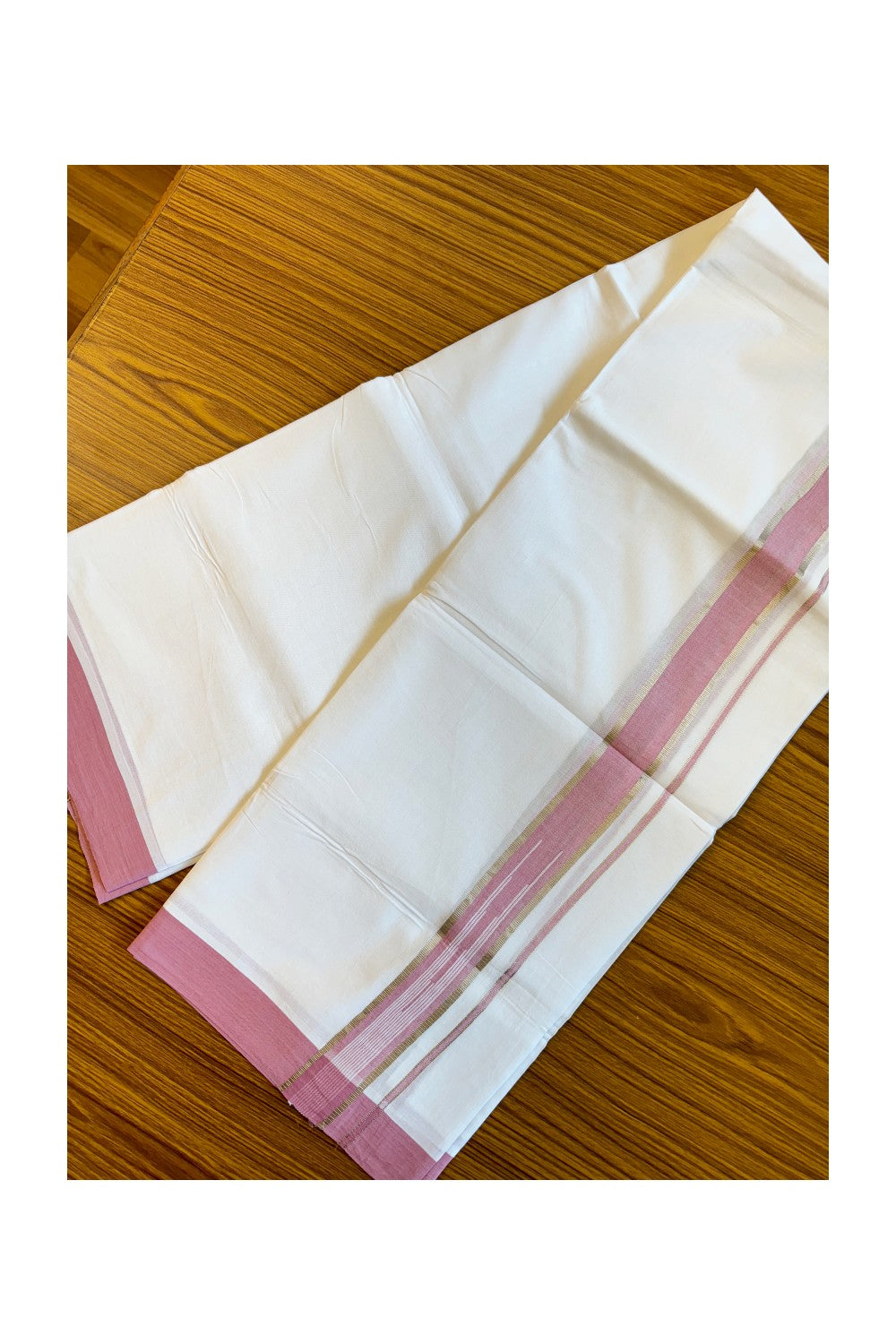 21% DISCOUNT!! Kaitharikada Balaramapuram 100% Cotton PURE WHITE Double Mundu/Dothi-100x92 Puliyilakkara CHUTTY  2 Inch SILVER & PINK WHITE STRIPED Cotton Kara - 21KK84CEE