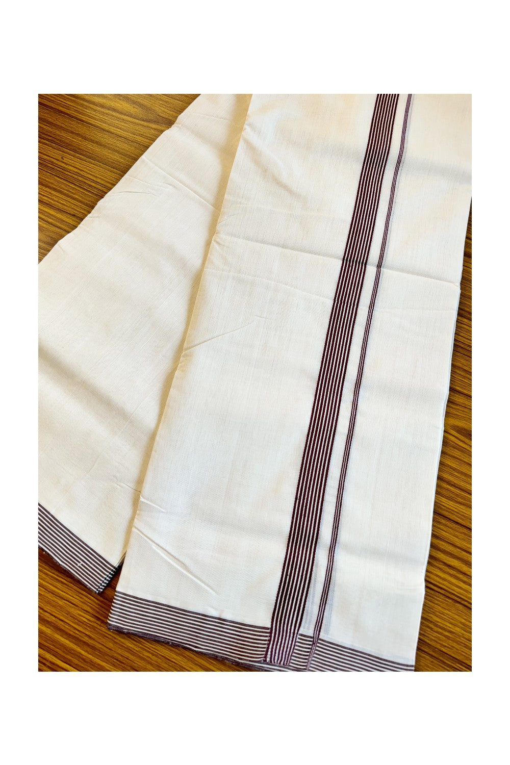 15% DISCOUNT!! KaithariKada HANDLOOM Unakkupaavu Balaramapuram - 100% PURE Cotton OFF White (Unbleached) Double Mundu/Dothi -  MAROON Striped 1 inch Kara- KK46SOM-21.