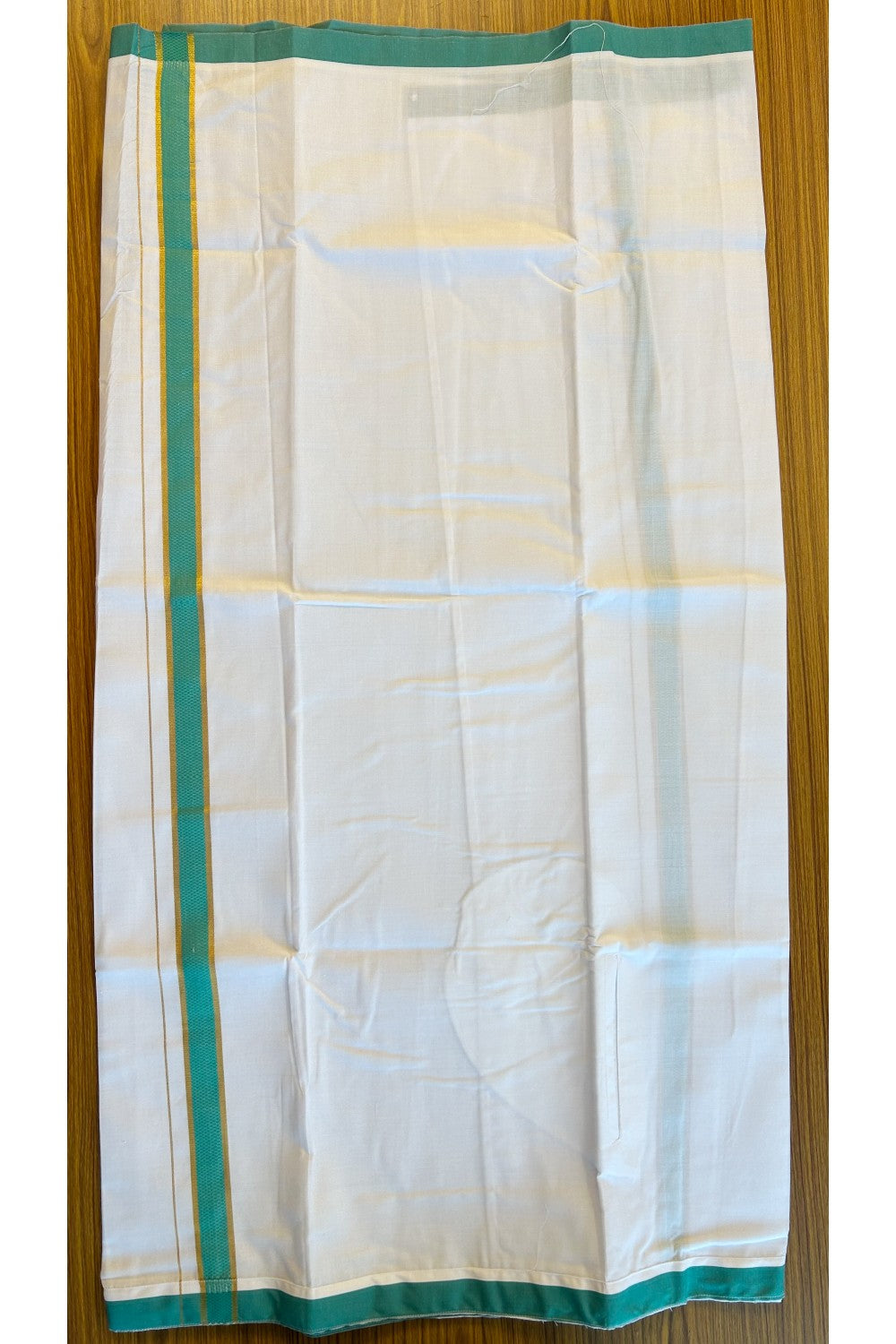 KaithariKada Balaramapuram COTTON SINGLE PURE WHITE VELCRO Mundu/Dhoti - 1.75inch Green & Kasavu kara - 21KK485SRI