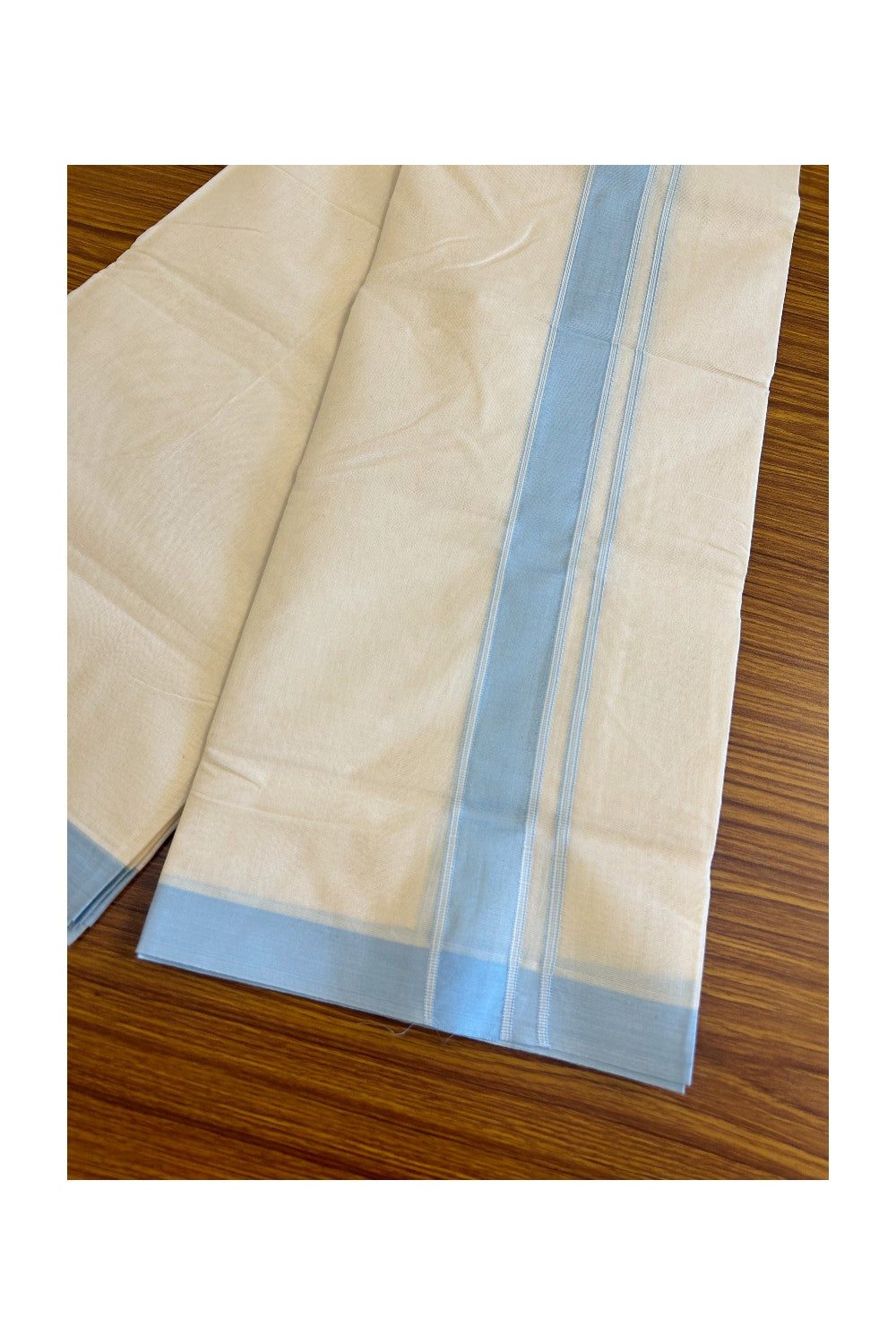 10% DISCOUNT! KaithariKada Balaramapuram 100% Cotton Double Off white Mundu/Dhoti-100X100- 2 inch Blue  Kara- 21KK500KK