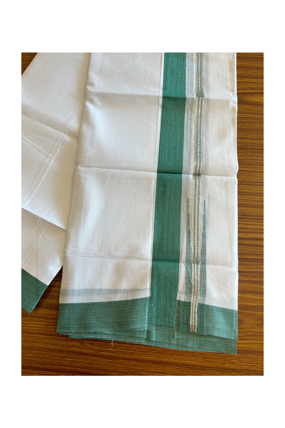 Kaitharikada  Balaramapuram 100% Pure Cotton PURE WHITE Double Mundu/Dothi - 80x92 - 1.5 Inch Green & Silver Chutty kara - 21KK5022VAN