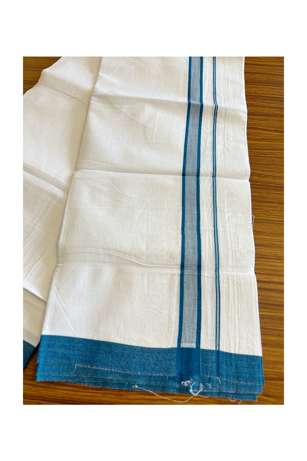 8% Discount ! Kaitharikada Balaramapuram 100% Cotton PURE WHITE SINGLE Mundu/Dothi- 1.75 inch Peacock Blue Kara - 21KK5032GAN