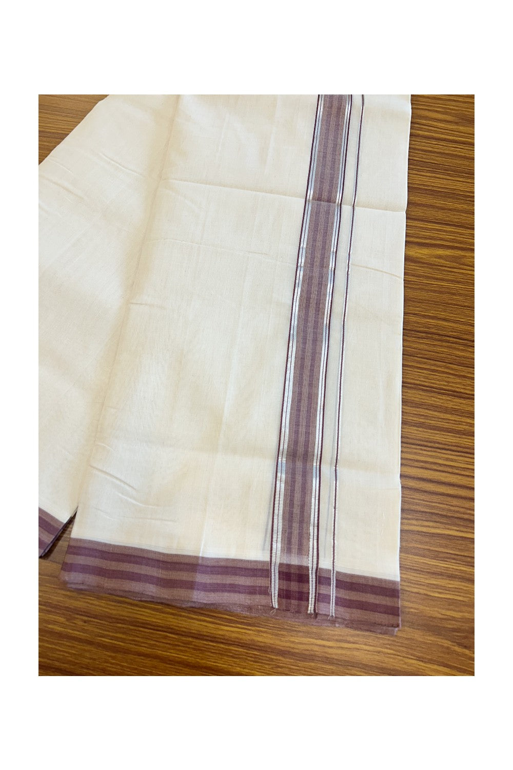 19% Discount!!! KaithariKada HANDLOOM UNAKKUPAAV Balaramapuram - 100% PURE Cotton off white Double - (Unbleached) Mundu/Dhoti - 2 inch Silver kasavu Brown striped kara - 20KK5049REA